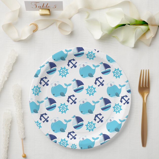 Pattern Of Whales, Cute Whales, Blue Whales Paper Plate (Wedding)