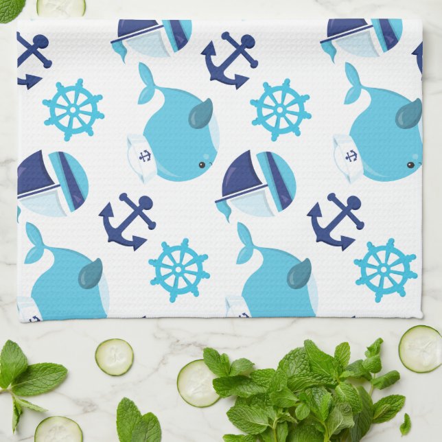 Pattern Of Whales, Cute Whales, Blue Whales Tea Towel (Folded)