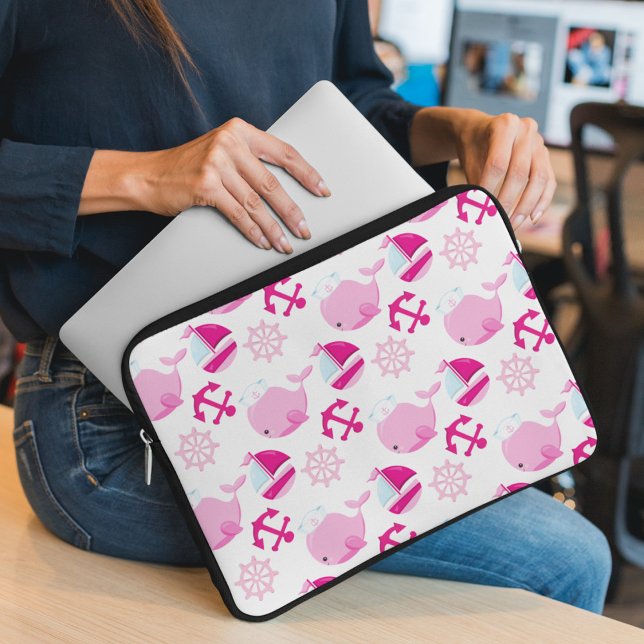 Pattern Of Whales, Cute Whales, Pink Whales Laptop Sleeve (Creator Uploaded)