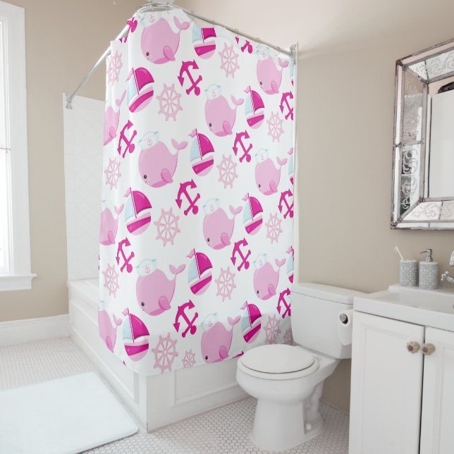 Pattern Of Whales, Cute Whales, Pink Whales Shower Curtain (In Situ)