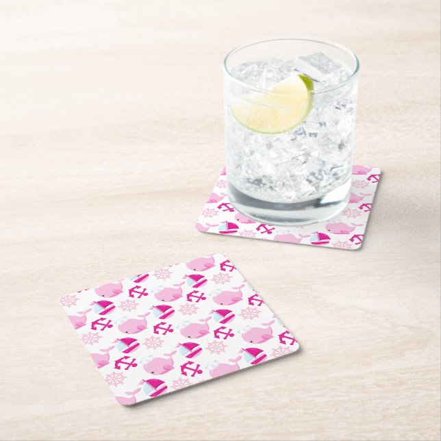 Pattern Of Whales, Cute Whales, Pink Whales Square Paper Coaster (Insitu)