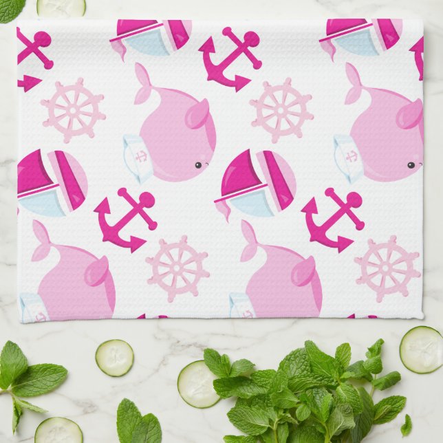 Pattern Of Whales, Cute Whales, Pink Whales Tea Towel (Folded)