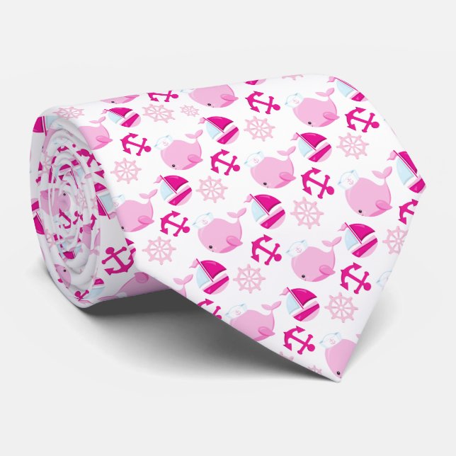 Pattern Of Whales, Cute Whales, Pink Whales Tie (Rolled)