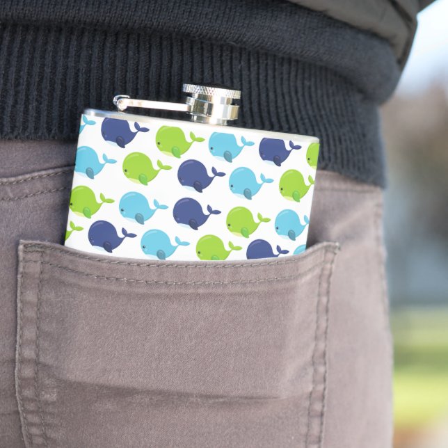 Pattern Of Whales, Cute Whales, Sea Animals Hip Flask (In Situ)