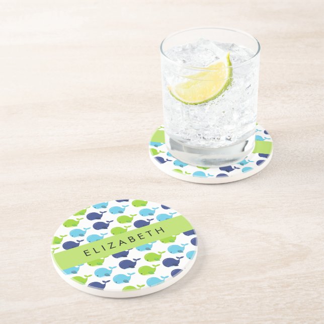 Pattern Of Whales, Cute Whales, Your Name Coaster (Side)