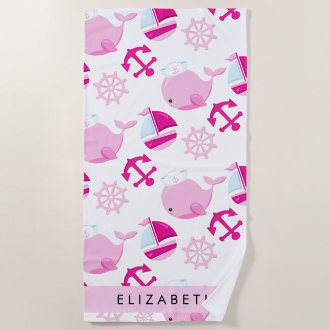 Pattern Of Whales, Pink Whales, Your Name Beach Towel (Front)