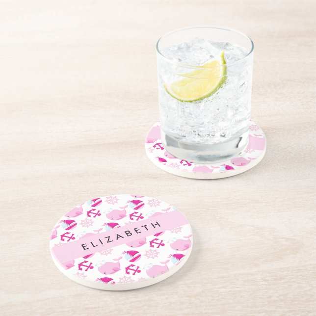 Pattern Of Whales, Pink Whales, Your Name Coaster (Side)