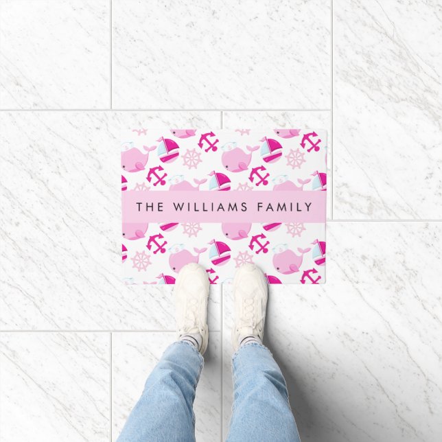Pattern Of Whales, Pink Whales, Your Name Doormat (Indoor)