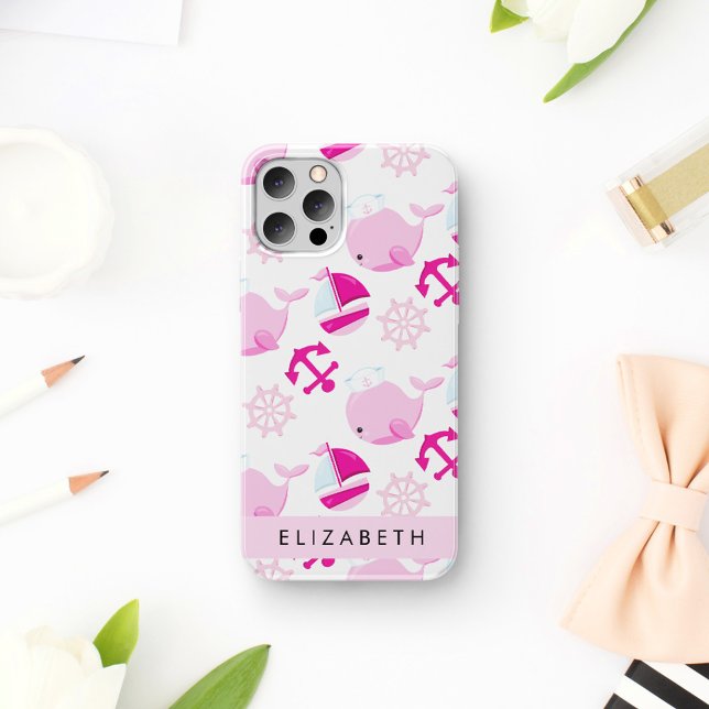 Pattern Of Whales, Pink Whales, Your Name iPhone 16 Case (Creator Uploaded)