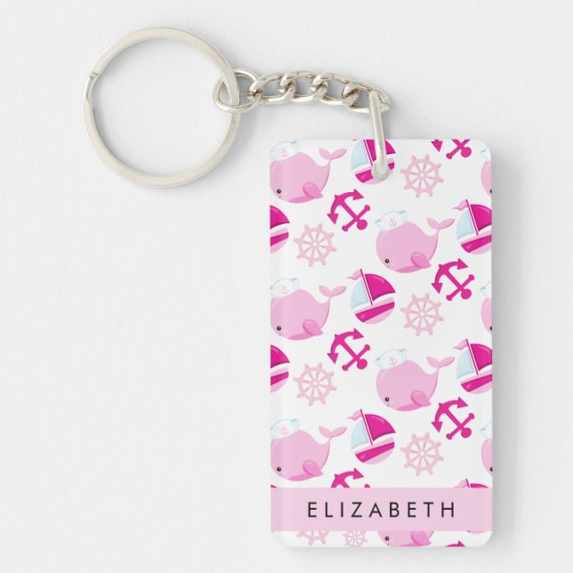 Pattern Of Whales, Pink Whales, Your Name Key Ring (Front)