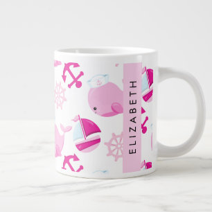 Pattern Of Whales, Pink Whales, Your Name Large Coffee Mug