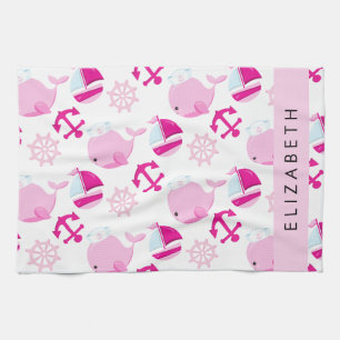 Pattern Of Whales, Pink Whales, Your Name Tea Towel