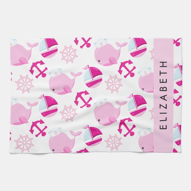Pattern Of Whales, Pink Whales, Your Name Tea Towel (Horizontal)