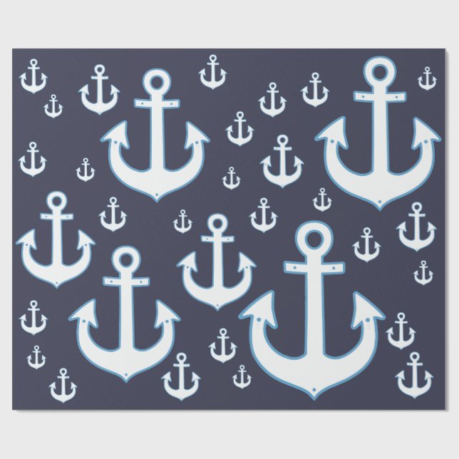 pattern of white anchors on navy blue wrapping paper (Flat)