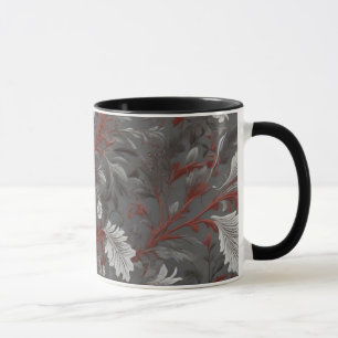 Pattern of white and grey leaves with red stem. mug