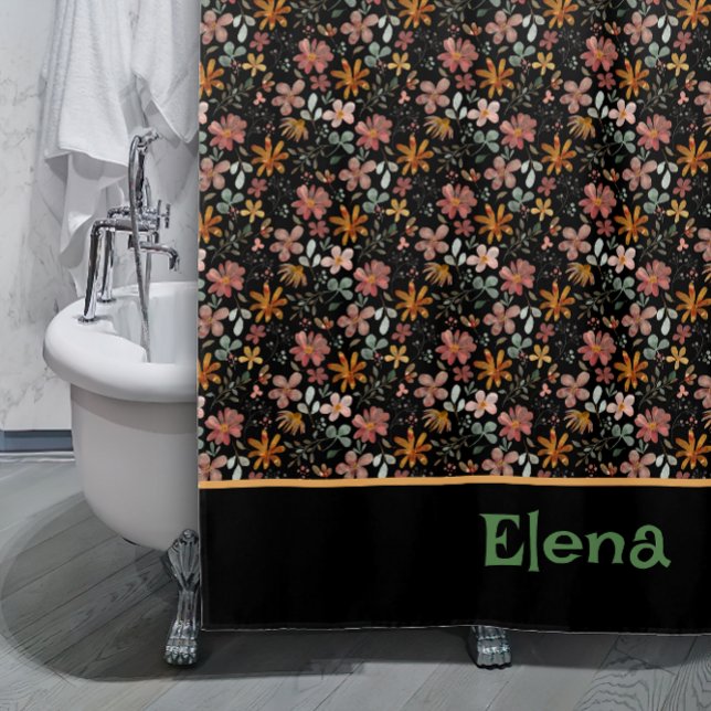 Pattern orange wildflower black Shower Curtain (Creator Uploaded)