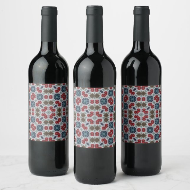 Pattern Red, Blue, Green on Grey Cosy Red Wine Label (Bottles)
