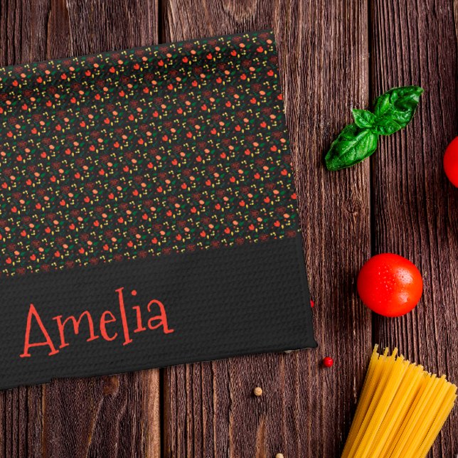 Pattern red yellow mini wildflower black tea towel (Creator Uploaded)