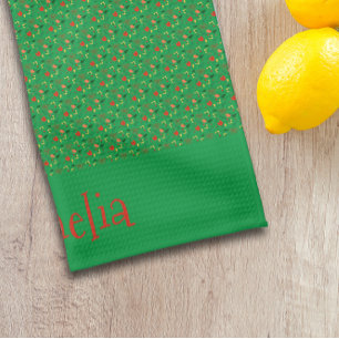 Pattern red yellow mini wildflower green tea towel
