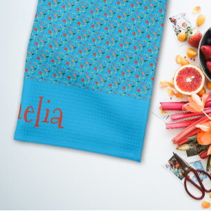 Pattern red yellow mini wildflower turquoise tea towel