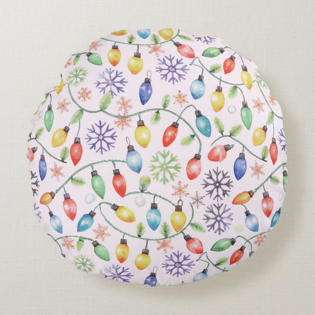 Pattern Retro Christmas Lights Round Cushion (Front)