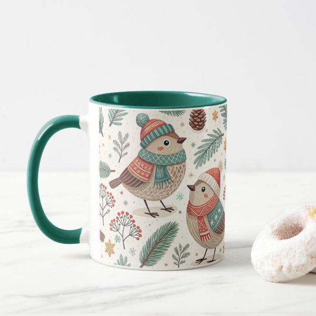 Pattern Scandinavian Christmas Birds Mug (With Donut)