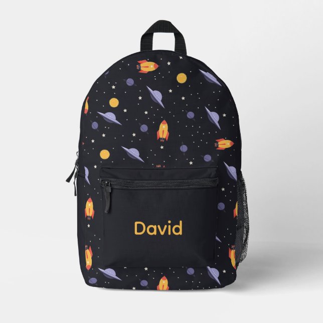 Pattern space lavender orange black name printed backpack (Front)