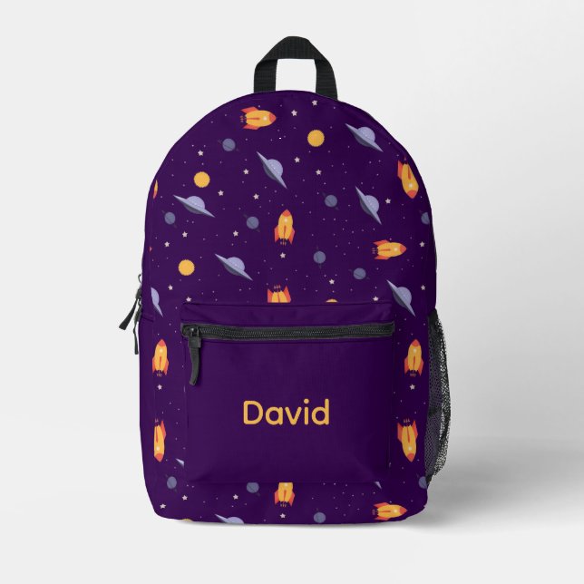 Pattern space lavender orange purple name printed backpack (Front)