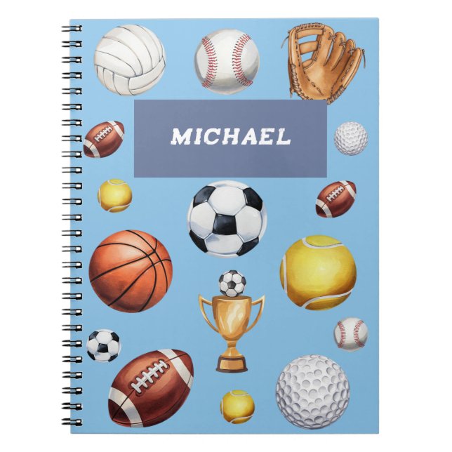pattern sports themed soccer tennis baseball  notebook (Front)