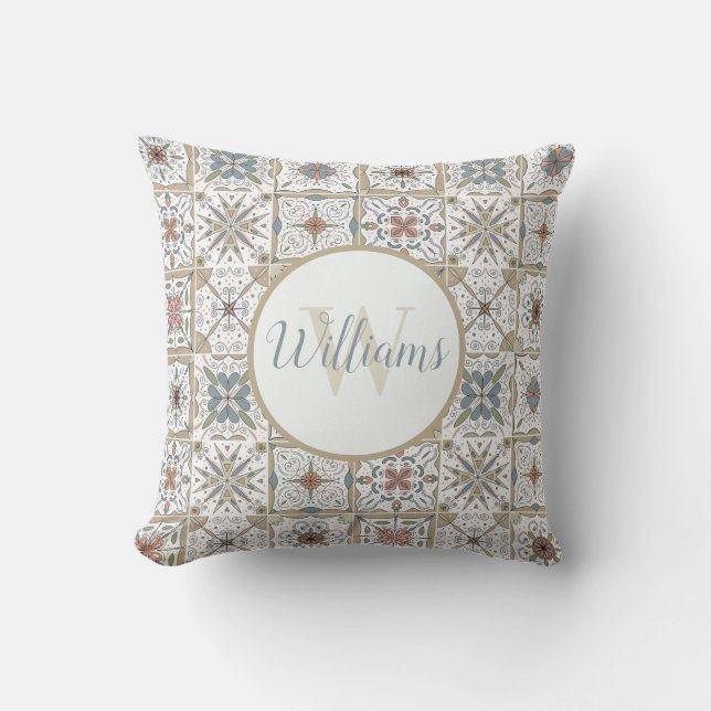 Pattern Tile Mosaic Monogrammed Throw Pillow (Front)
