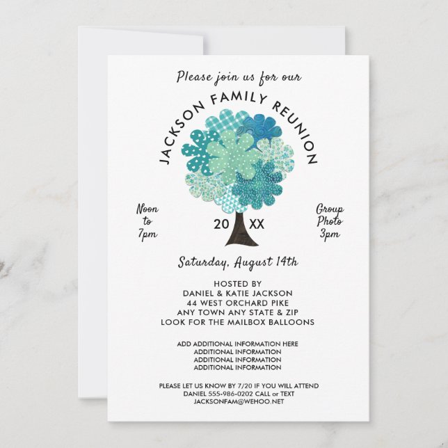 Pattern Tree Family Reunion Blue Green Invitation (Front)