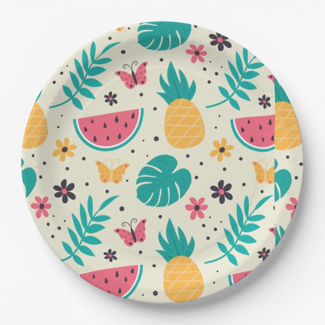 Pattern Tropical Fruit Watermelon Pineapple  Paper Plate (Front)