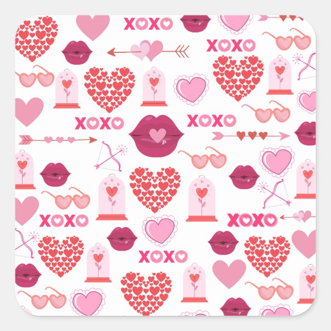 Pattern Valentine`s Day 2023 Background With Heart Square Sticker (Front)
