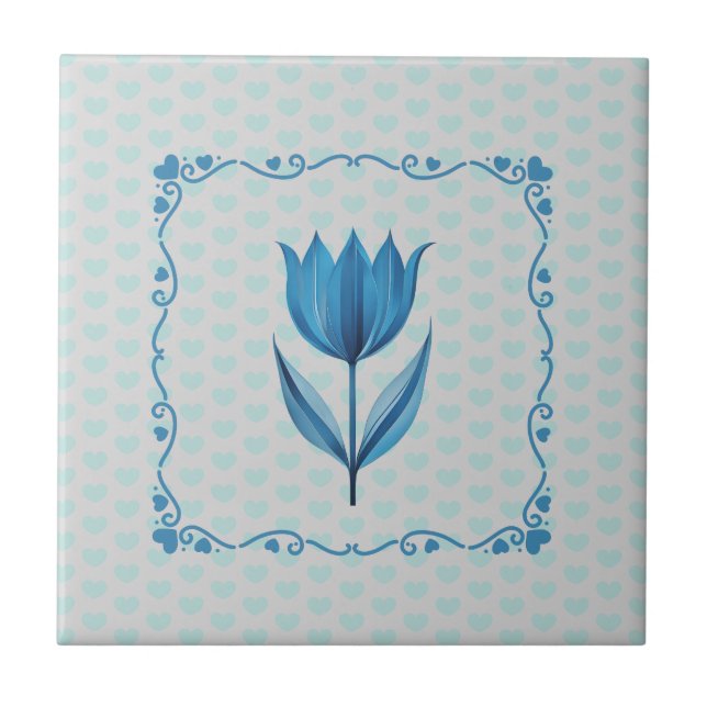 Pattern with a Blue Tulip  Ceramic Tile (Front)