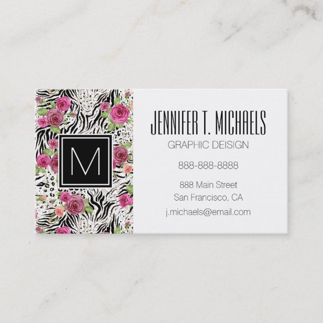 Pattern With Animal Prints | Monogram Business Card (Front)