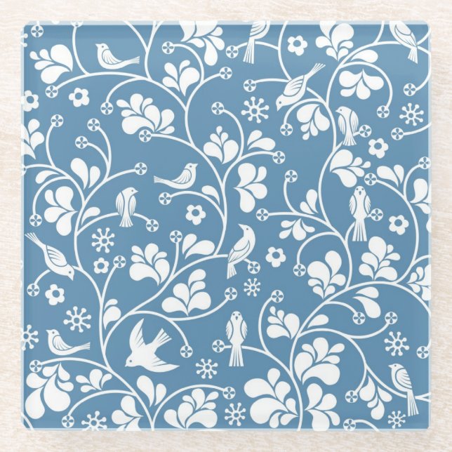 pattern with birds and plants ornament glass coaster (Front)