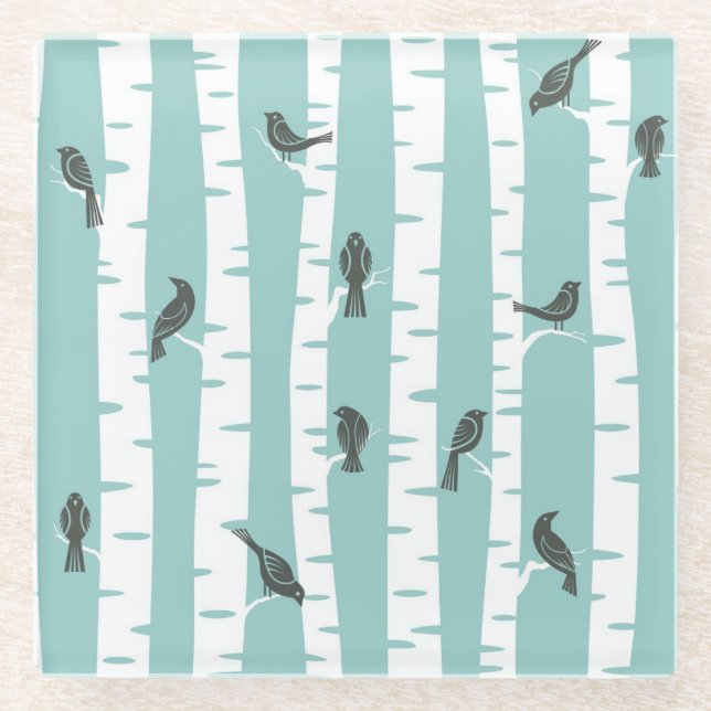 Pattern with birds and trees glass coaster (Front)