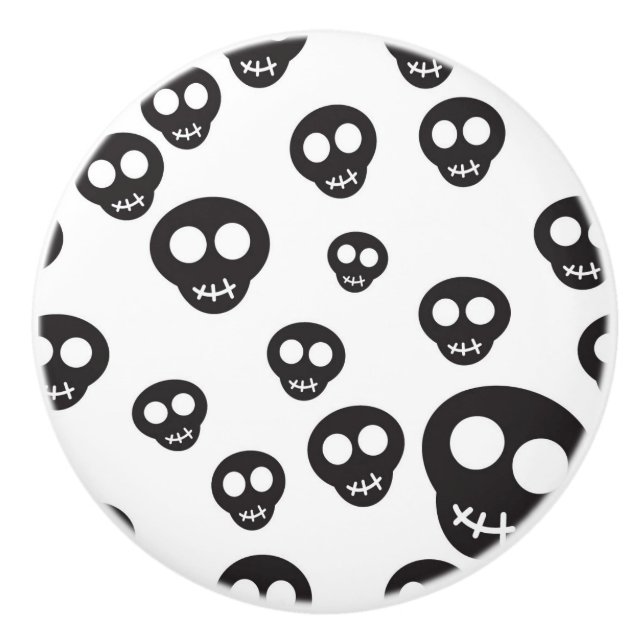 Pattern with black skulls on white ceramic knob (Front)