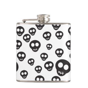 Pattern with black skulls on white hip flask