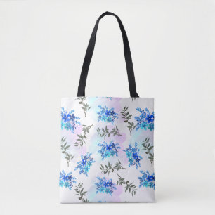 pattern with blue bouquet of flowers and leaves tote bag