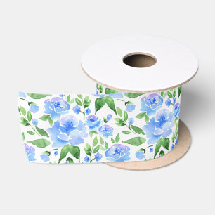 Pattern with blue watercolor flowers satin ribbon