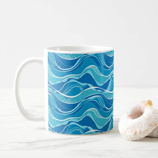 Pattern with blue waves with white tribal pattern coffee mug (With Donut)
