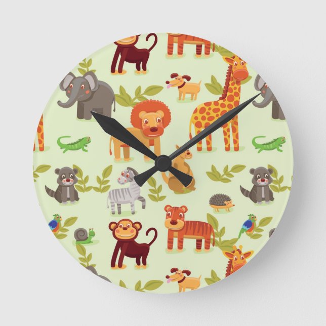 Pattern With Cartoon Animals Round Clock (Front)