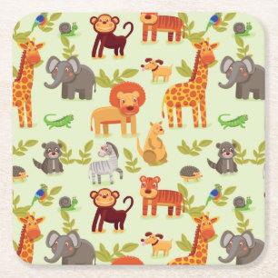 Pattern With Cartoon Animals Square Paper Coaster
