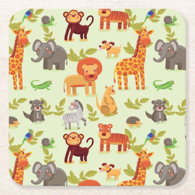 Pattern With Cartoon Animals Square Paper Coaster (Front)