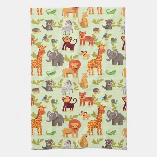 Pattern With Cartoon Animals Tea Towel (Vertical)