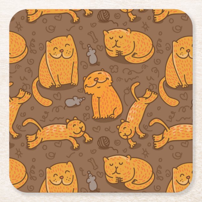 Pattern With Cats Square Paper Coaster (Front)