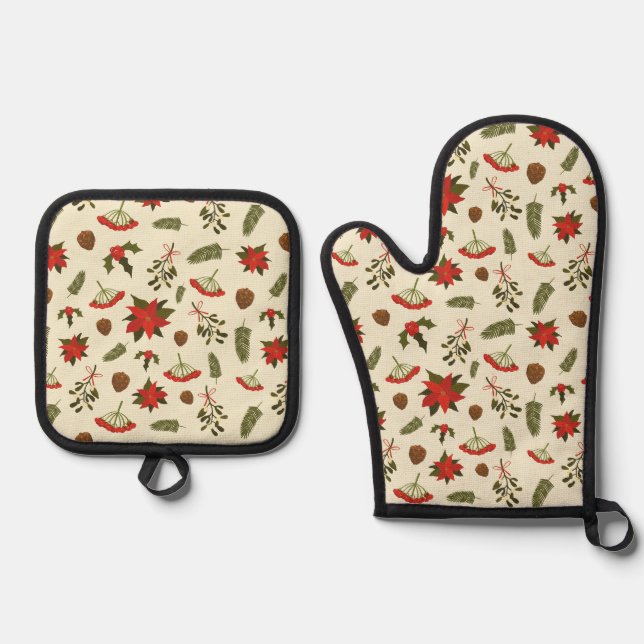 Pattern with Christmas Motifs Oven Mitt & Pot Holder Set (Front)