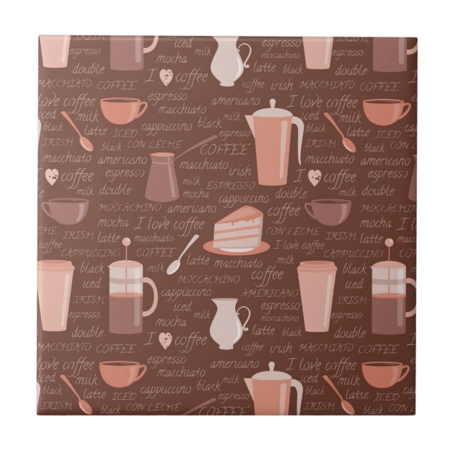 Pattern with coffee related elements ceramic tile (Front)