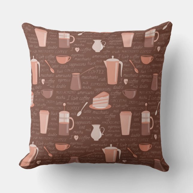Pattern with coffee related elements cushion (Front)